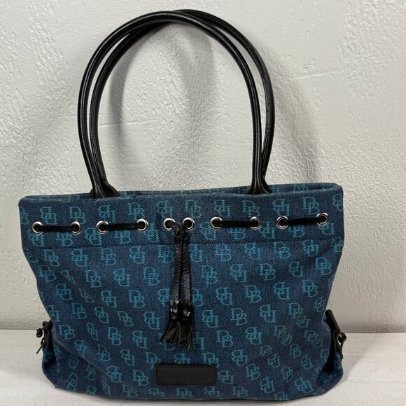 Vintage Dooney & Bourke Blue Monogram Canvas Tote Bag with Leather Trim - Picture 1 of 16